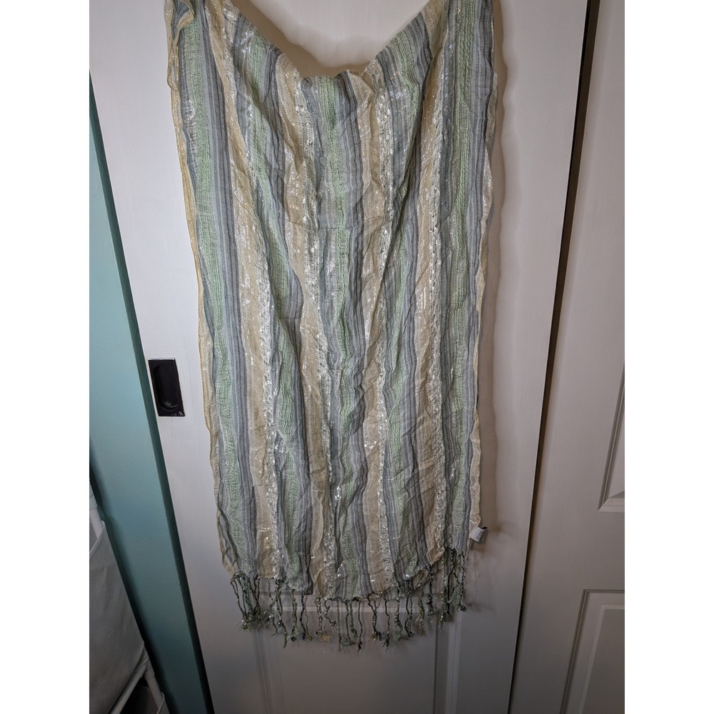 Striped Metallic Fringe Scarf Sage Green Cream Grey Viscose Cotton Wrap India
